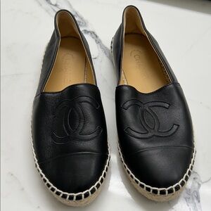 CHANEL Black Leather Logo Espadrille Flats